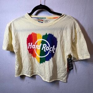Hard Rock Cafe Pride 2022 LDS‎ Logo Crop Top XS Washed Yellow Rainbow Heart